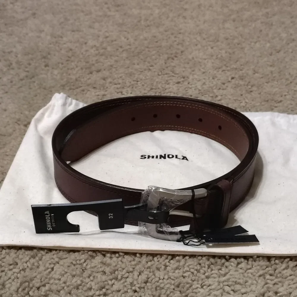 NWT Men’s Shinola Double Stitch Leather Belt Dark Brown, Size 32